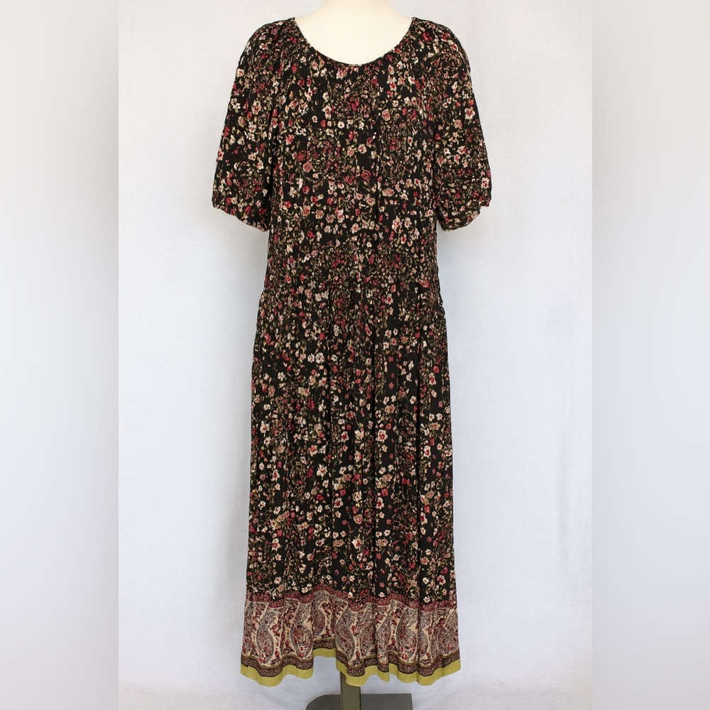 DownEast Black Floral Midi Dress XL